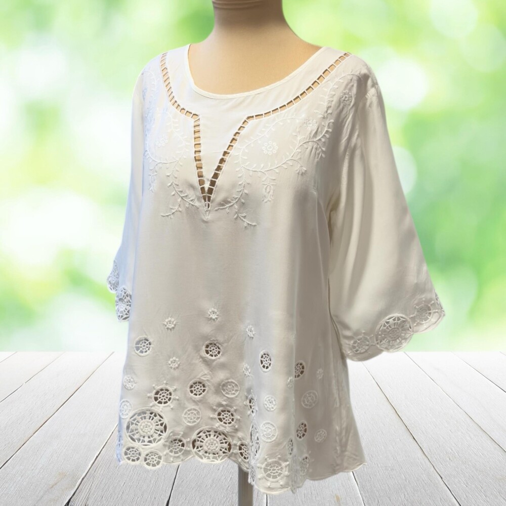 SOLITAIRE Cutwork Embroidered Blouse White Heirloom Cottagecore Bell Sleeve Sz L